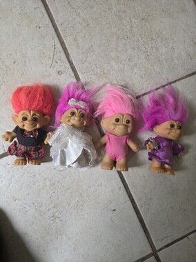 Vintage Russ Treasure Troll Dolls with Bright Pink & Purple Hair - Lot of 4